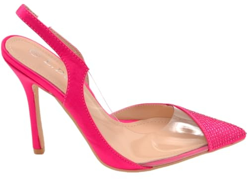 Scarpe Decollete Donna a Punta Slingback in Raso con Brillantini e trasparenza Tacco Sottile 12 cm Cinturino Tallone (39 EU)