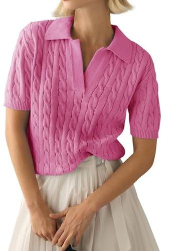 LACOZY Women's Short Sleeve V-Neck Polo Shirts Business Casual Work Collared Tops Dressy Johnny Collar Cute Blouses Pink 2XL