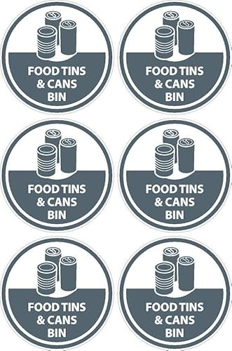 Food tins and cans bin recycling sign - Pack of 6 stickers 100mm x 100mm on an A4 sheet
