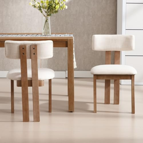chairus Sillas de Comedor Madera Juego 2 de Sillas Cocina Tapizadas de Lino, Silla Minimalista con Respaldo Curvo para Salón/Restaurante, Biege