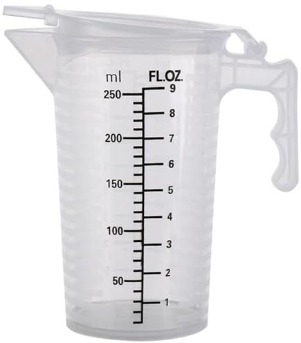 Plastikmessbecher, Messbecher mit Deckel und Ausguss, 250 ml transparenter Kunststoffkrug mit Griff, hitzebeständigem Absolventenbecher für flüssige Zutaten, Krug