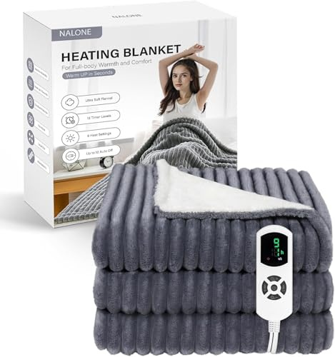 NALONE Electric Blanket Heated, Heated Throw Blanket Soft Flannel 160 * 130CM,12 Heat Levels & Up-to-9-Hours Auto-Off Timer & LED Display, for Home Office Use, Machine Washable Grey