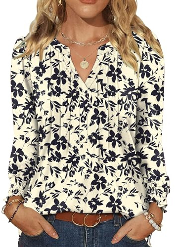 Rapbin Chemisier à manches longues pour femme - Élégant - Col en V - Décontracté - Tunique d'automne, Motif floral noir abricot, XXL
