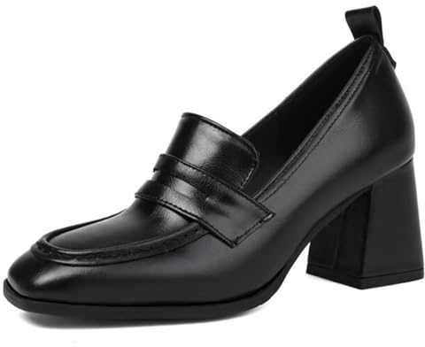 Mocassins Femme Bout Carré Talon Bloc Épais Slip-on Chaussures Bureau Travail Classiques Élégantes Confortables Talon Moyen,Noir,41 EU