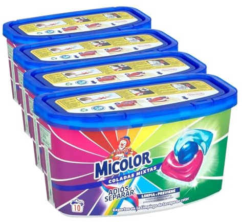 Micolor Detergente en Cápsulas Adiós al Separar (10 lavados), jabón para ropa de color en formato sostenible con poder quitamanchas que protege los colores (Paquete de 4)
