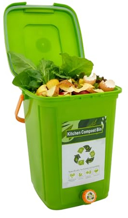 Seau bio vert de 20 l - Poubelle de cuisine avec double couvercle, plaque filtrante, robinet d'écoulement et siphon anti-odeurs, grande poubelle bio, compost, seau bio