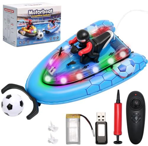 7JI Barco teledirigido con luz LED, 2,4 GHz Barco a Motor teledirigido | con fútbol y agua pulverizada, recargables, RC barco inflable adecuado para piscinas y lagos, Regalo de juguete para niños