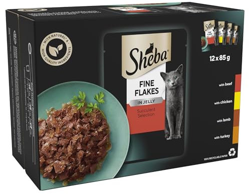 Sheba Fine Flakes Wet Cat Food Pouches - MultiPack Succulent Collection with Beef, Chicken, Lamb and Turkey in Jelly, Pack of 4 (4 x 12 Pouches x 85 g)