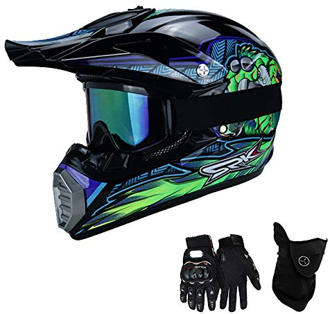 VOMI Kinder Motorradhelm für Querfeldein Sport, Motocross Helm Set mit Handschuhe Maske Brille, Junge/Mädchen/Jugendliche/Anfänger Motorrad Mountainbike Schutz Ausrüstung, (S 52-53CM)