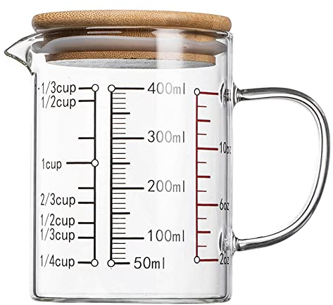 TAMUME Misurino in Vetro con Coperchio, Caraffa Graduata con Scala Multipla (400ml)