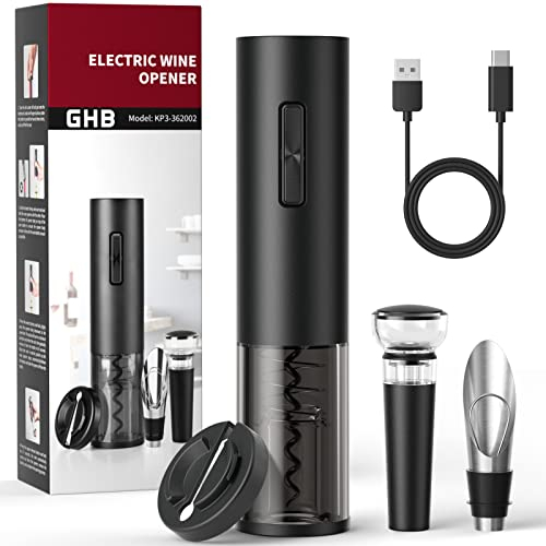 GHB Cavatappi Elettrico per Vino 6 in 1 USB Ricaricabile, Apribottiglie Elettrico Professionale per Vino con Tagliacarte,Versatore, Tappo di Tenuta, Tappo per Vuoto Regalo per Amanti del vino