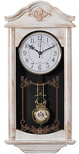 Reloj de Pared Grande con péndulo de plástico con Aspecto de Madera Vintage para Sala de Estar, Cocina o Comedor, Grande, Color Blanco