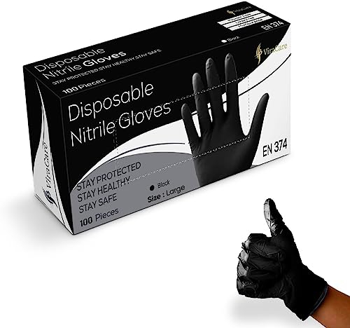 100 x Black Disposable Gloves | Black Nitrile Gloves | Latex free Gloves | Powder Free Gloves | Black Gloves Disposable | Strong And Non-Sterile (Large, 1 Pack of 100)