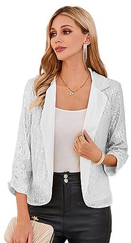 GRACE KARIN Womens Glitter Sequin Blazer Jackets Open Front 3/4 Sleeves Blazer for Party Festival Wear Silver M