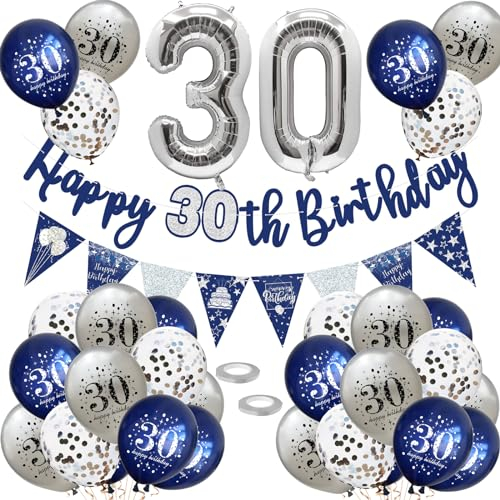 30-årsdag dekoration, ballonger 30-årsdag dekoration set, 30 år födelsedagsdekoration, Happy Birthday-girlang konfetti ballonger natt blå silver dekoration, kvinnor man 30-årsdag party