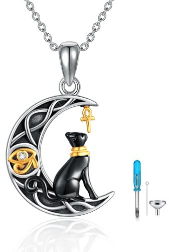 HUKKUN Collier urne funéraire pour cendres de chat en argent 925 Bastet égyptien Pendentif cendres à remplir de cendres Bijoux Cadeaux Femme, Argent sterling