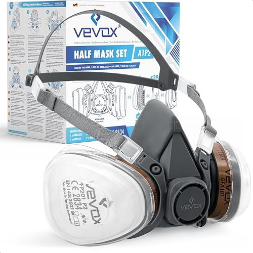 VEVOX® Masque respiratoire avec filtre A1P2 – Protection contre gaz, vapeurs et particules fines de poussière – Pour peinture, ponçage et travaux – Avec 20 filtres P2 antiparticules et 4 A1 anti-gaz