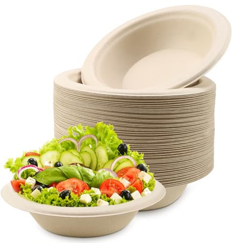 VZXZXE 50 platos hondos desechables, 350 ml, vajilla desechable de caña de azúcar, bagazo de caña de azúcar, cuencos de sopa biodegradables desechables para fiestas, familias, picnics