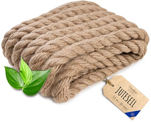 Creative Deco Thick Heavy Duty Jute Rope Natural Brown | 15mx30mm | Twisted Hemp Rope | Personalisation Every 5m | Twine Decking Rope Cord Cat Arts Crafts Garden Hammock Swing | Strong Durable String