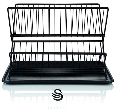 Swan SKWA5071BLK Stealth 15 Plate Collapsible Dish Rack with Removable Drip Tray, Space Saving Two Tier Design, Iron Body, Black
