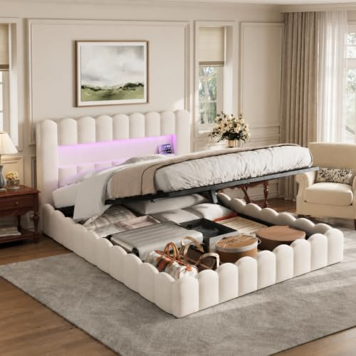 Fofetbfo Lit Coffre 180X200 cm, Bubble lit Double rembourré avec éclairage LED et Type-C et USB, LIt Capitonné avec Rangement, Cadre de lit hydraulique avec sommier à Latte, Lin (Beige, 180 x 200 cm)