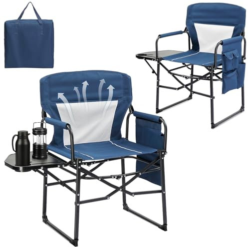 LEADZM Campingstuhl Faltbar mit Seitentisch & Staufach Belüftete Rückenlehne,150 kg Belastbar,600D Oxford-Stoff, Metallgestell,62x60x92cm,Leicht & kompakt für Outdoor, Angeln, Festival (1pc, Blau)