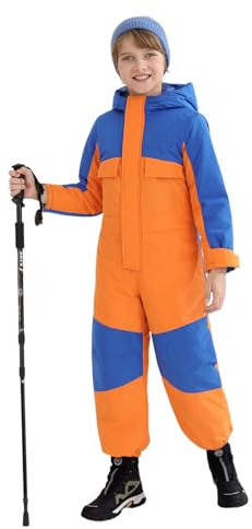 Haloumoning Boys One Piece Snowsuit Kids Hooded Waterproof Insulated Ski Suit Coveralls 5-14 Years