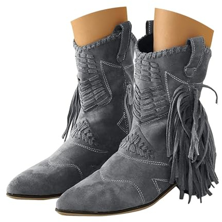 Xbemkste Women's Cowboy Boots with Tassels Classic Mid Shaft Boots Vintage Western Boots Fringe Boots Women's Cowboy Boots Casual Women's Boots Winter Boots, gray, 8.5 UK