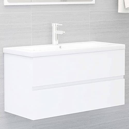 Zeehear Tvättställsskåp med infällda handfat, vitt, trämaterial, 90 x 38,5 x 45 cm, med keramiskt tvättställ, kran, avloppsarmatur, för badrum, tvättställ