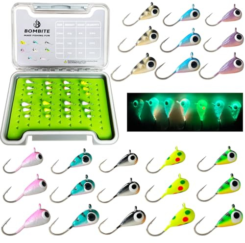 Bombite Tungsten Ice Fishing Jigs 24pcs Ice Fishing Lures UV Glow in Dark Ice Fishing Jig Set for Crappie Panfish Walleye