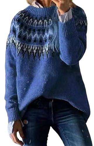Jersey de otoño para mujer, elegante jersey de punto grueso para mujer de invierno, jersey Fair Isle más grueso, cálido jersey de invierno de jacquard tejido con patrón noruego, jersey para mujer