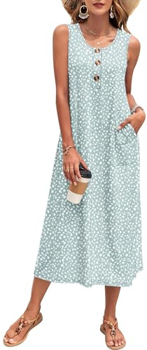 PLOKNRD Vestido Largo Mujer Verano Cuello Redondo Sin Mangas Maxi Vestido de Playa Casual con Botones y Bolsillos Punto Verde L