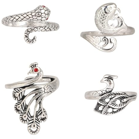 Goktvai 4pcs Crochet Rings for Fingers, Adjustable Tension Ring Peacock Fish Snake Design Crochet Accessories Ring Yarn Knitting Guide Helper Tool for Women Mother Grandmother Finger (4 Styles)