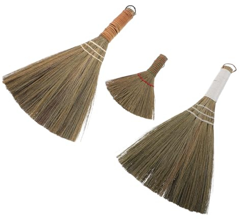 WATIIFUFU 3 Escobas de Mano de Hierba de Retama Tejida a Mano, Escoba para Pisos de Madera y Muebles, Juego Pequeño para Limpieza en Interiores y Exteriores, Color Claro y Amarillo,