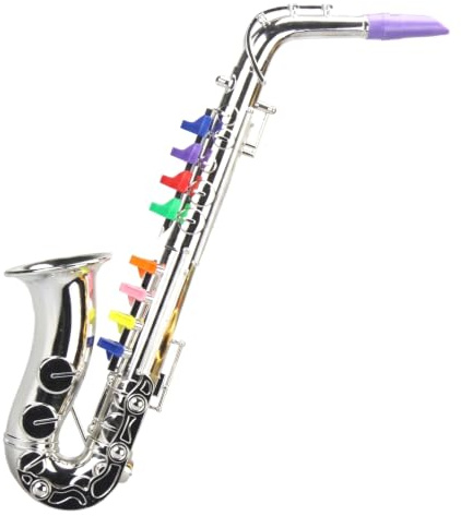 Sassofono per bambini, Sassofono giocattolo in plastica con 8 tasti colorati, Strumenti musicali per bambini, Gioco quotidiano, Attività scolastiche, Argento