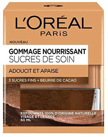L’Oréal Paris – Soin Gommage Nourrissant pour Visage & Lèvres - Exfoliant, Adoucissant & Apaisant - Aux 3 Sucres Fins & Beurre de Cacao - Tous Types de Peaux - Sucres de Soin - 50 ml