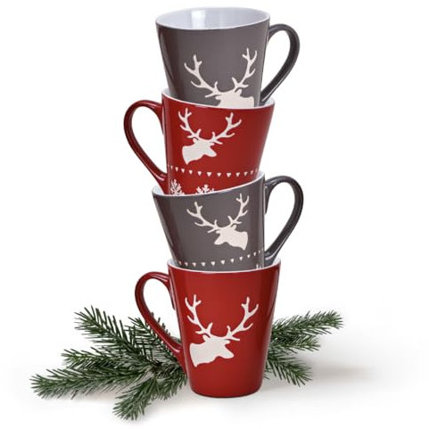 Tassen 4er Set Xmas in grau und rot - Amerikanische Keramik Kaffeebecher als Weihnachtstassen in 10 cm - Hirsch Dekor Kaffeetassen für Weihnachten spülmaschinenfest und mikrowellengeeignet