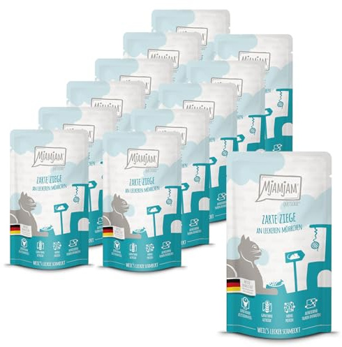 MjAMjAM - Premium Nassfutter für Katzen - Quetschie - zarte Ziege an leckeren Möhrchen, 12er Pack (12 x 125 g), getreidefrei mit extra viel Fleisch