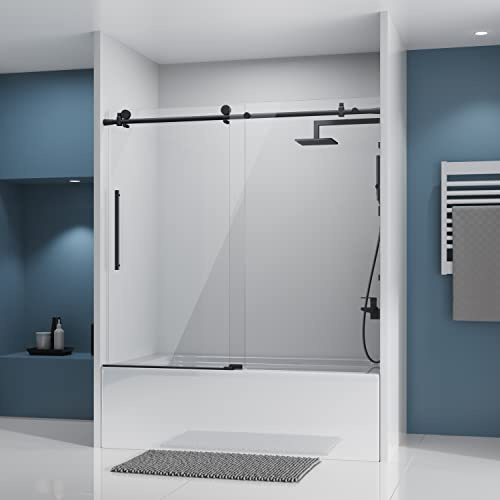 DELAVIN Frameless Tub Shower Door, 56-60 W x 59 H Bathtub Door, 5/16(8mm) Thick SGCC Certified Clear Tempered Glass With Explosion-Proof Film, Easy to Clean, Stainless Steel Guide Rail, Matte Black