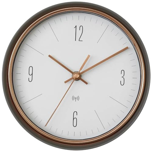 TFA Dostmann Design Funk-Wanduhr, 60.3547.10, kupferfarbene Zeiger, Metallrahmen, analoge Funkuhr, ideal für Wohnzimmer/Küche/Geschenkidee, 22,3 x 7 cm, grau