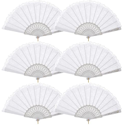 BABEYOND 6pcs White Lace Folding Hand Fan Handheld Folding Fan Fabric Folding Fan for Wedding Dancing Party Favor Wall Decoration