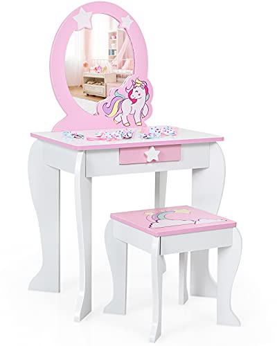 LIFEZEAL Set Toeletta di Unicorno per Bambini con Sgabello e Specchio Rimovibili in Stile Principessa, Tavolo Cosmetico per Ragazzi in Legno, Tavolo da Trucco per Camera da Letto (rosa)