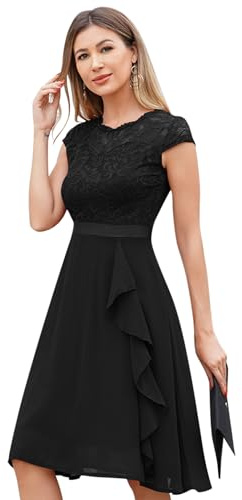 Odizli Abito da cocktail da donna, elegante, a maniche corte, in pizzo, con volant, abito da sera, Nero , S