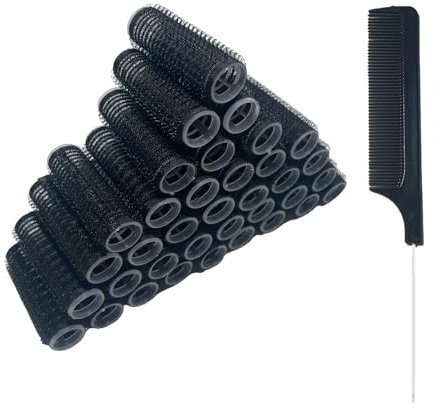 MOODKEY 36PCS Self Grip Small Hair Curlers Heatless Roller Hair Curlers Pro Salon Hairdressing Curler DIY Curly Hairstyle Hair Rollers Tools Rat Tail Comb for Women Medium Short Hair(0.8x2.4in-black)