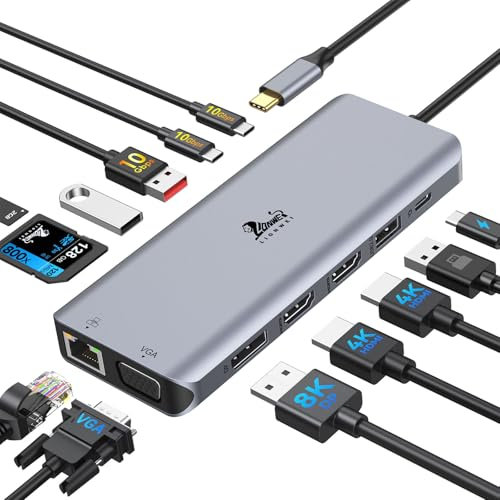 LIONWEI Estación de acoplamiento para portátil 13 en 1, HDMI dual, DisplayPort+VGA, 10 Gbps, 100 W PD, 6 puertos USB C/A, Ethernet, SD/TF, hub USB C para MacBook/Dell/HP/Surface