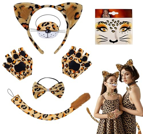 SAIIURV 6 Pièces Costume Léopard Déguisement Animaux Enfant Visage Léopard Ensemble de Bandeau d’Oreilles Queue Noeud Papillon Ensemble pour Cosplay Halloween Carnaval Thème Fête.