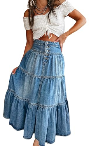 Women Summer Denim Maxi Skirt High Waist Button Pleated Tiered Ruffle Swing A-Line Jean Long Skirt Club Streetwear (A-Blue, XL)