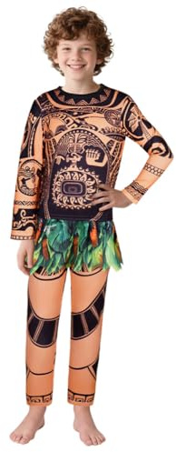 DiULi Héroe Explorador Disfraz Niños, 2pcs Disfraz de Tatuaje Tribal para Niños, Larga Top de Tatuaje y Pantalones Falda de Hojas, Ropa de Savage para Halloween Carnaval Fiesta Cumpleaños Mascarada(A)