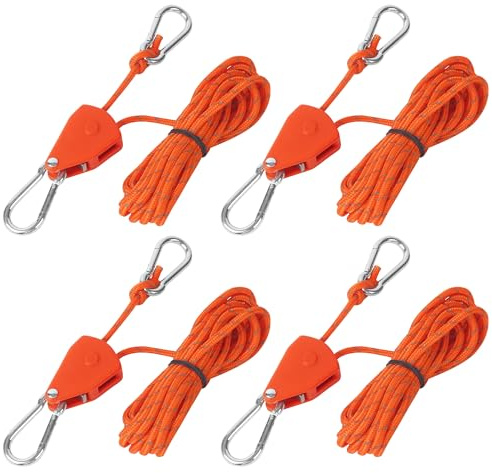 ACOMTUO 4 Pièces Tendeur de Corde à Cliquet, 4mm x 4m Corde à Cliquet Réglable, Cordes de Tente avec Poulie, Corde De Camping Légère pour Lampe Plantes Tente Randonnée(Orange)