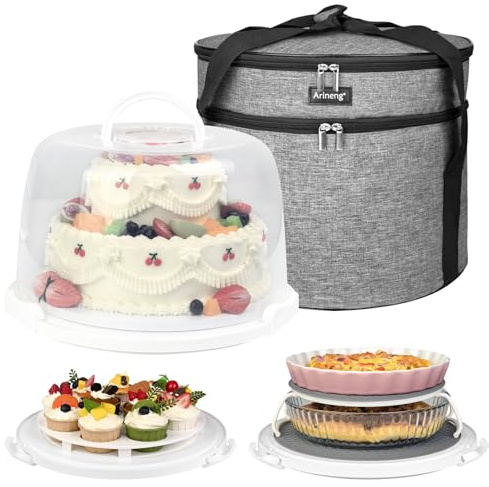 Arineng Round Cake Carrier Box with Lid and Handle, Transportation Insulated Bag for Cakes, Cupcakes and Pies, Triple Locking Design for Safe Transportation (Grey, 12 * 12 * 7.9 Inch)